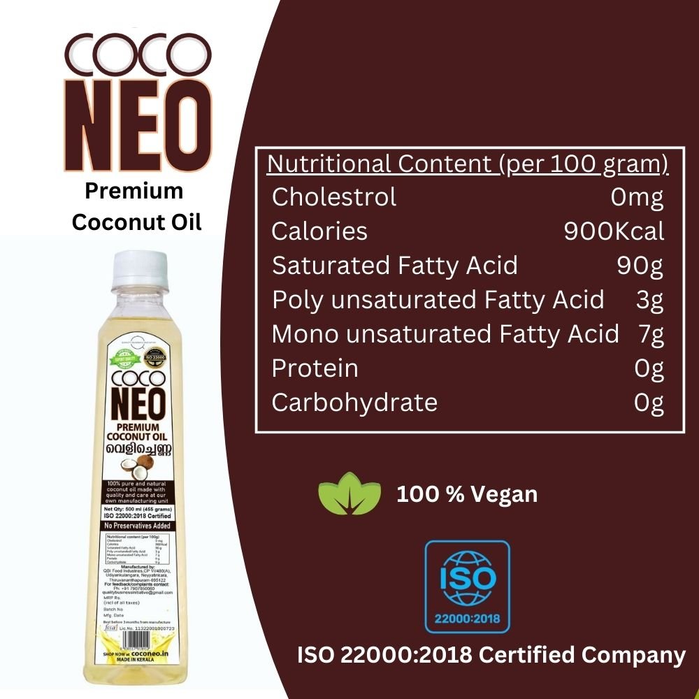 Coco Neo Premium Coconut Oil | 500 ml Bottle (Pack of 2) - QBI Food IndustriesCoconut OilCoco Neo Premium Coconut Oil1/2LB8939117919412Coco Neo Premium Coconut Oil | 500 ml Bottle (Pack of 2)