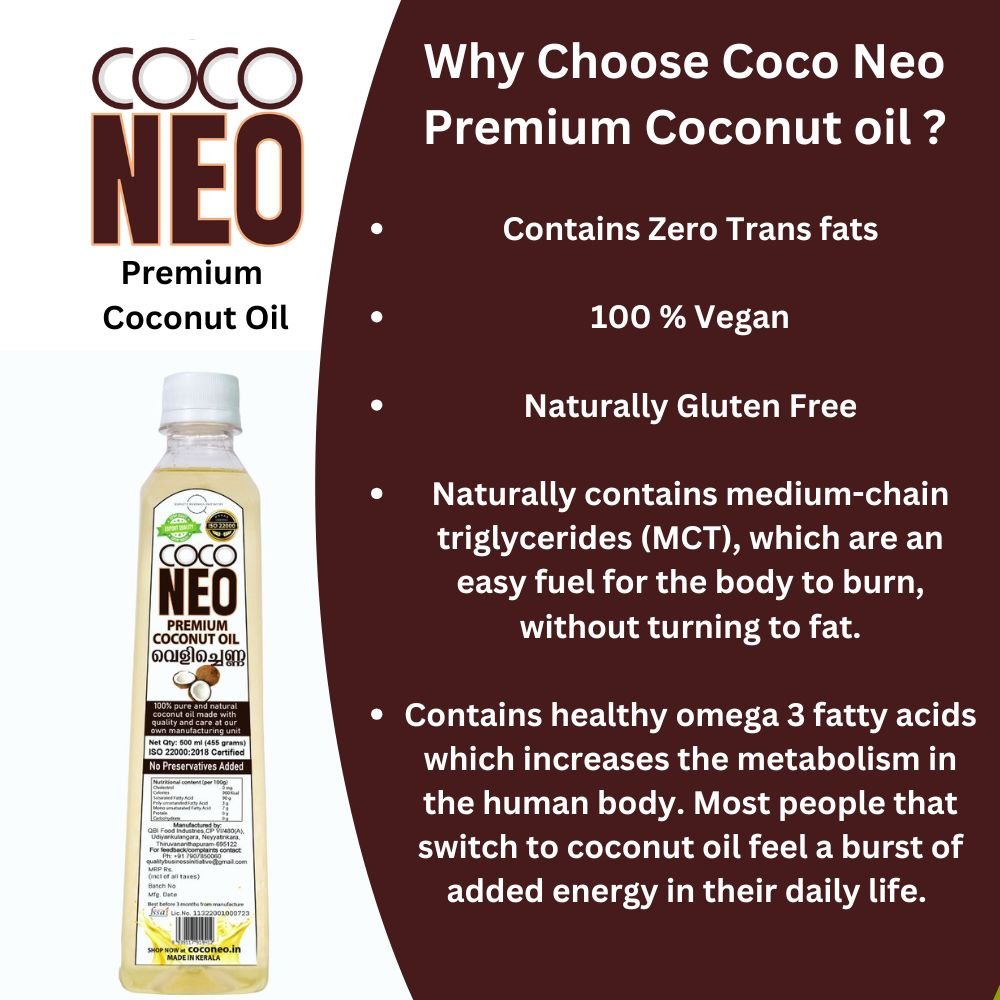 Coco Neo Premium Coconut Oil | 500 ml Bottle (Pack of 2) - QBI Food IndustriesCoconut OilCoco Neo Premium Coconut Oil1/2LB8939117919412Coco Neo Premium Coconut Oil | 500 ml Bottle (Pack of 2)