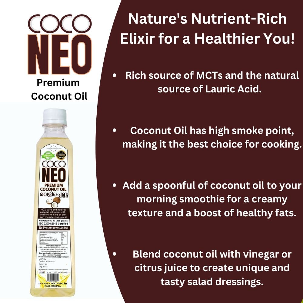 Coco Neo Premium Coconut Oil | 500 ml Bottle (Pack of 2) - QBI Food IndustriesCoconut OilCoco Neo Premium Coconut Oil1/2LB8939117919412Coco Neo Premium Coconut Oil | 500 ml Bottle (Pack of 2)
