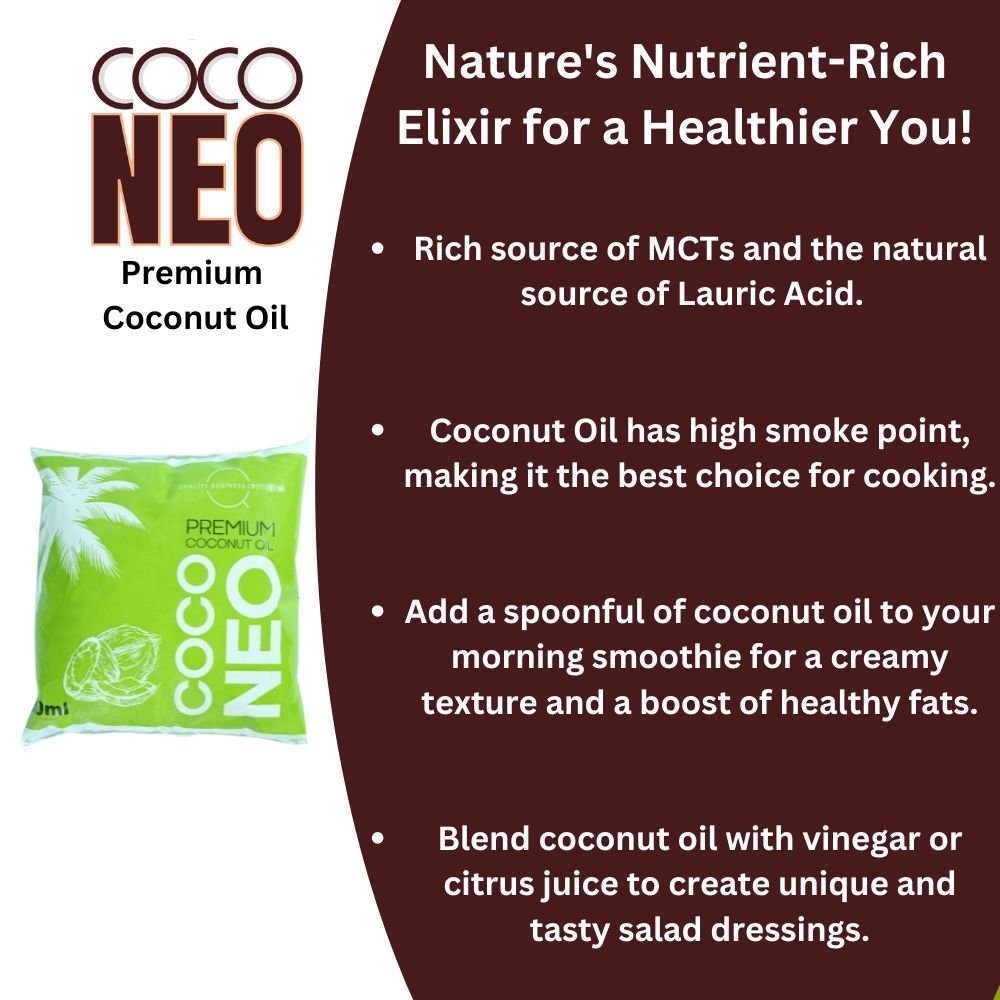 Coco Neo Premium Coconut Oil | 500 ml Pouch (Pack of 2) - QBI Food IndustriesCoconut OilCoco Neo Premium Coconut Oil1/2LP8939117919894Coco Neo Premium Coconut Oil | 500 ml Pouch (Pack of 2)